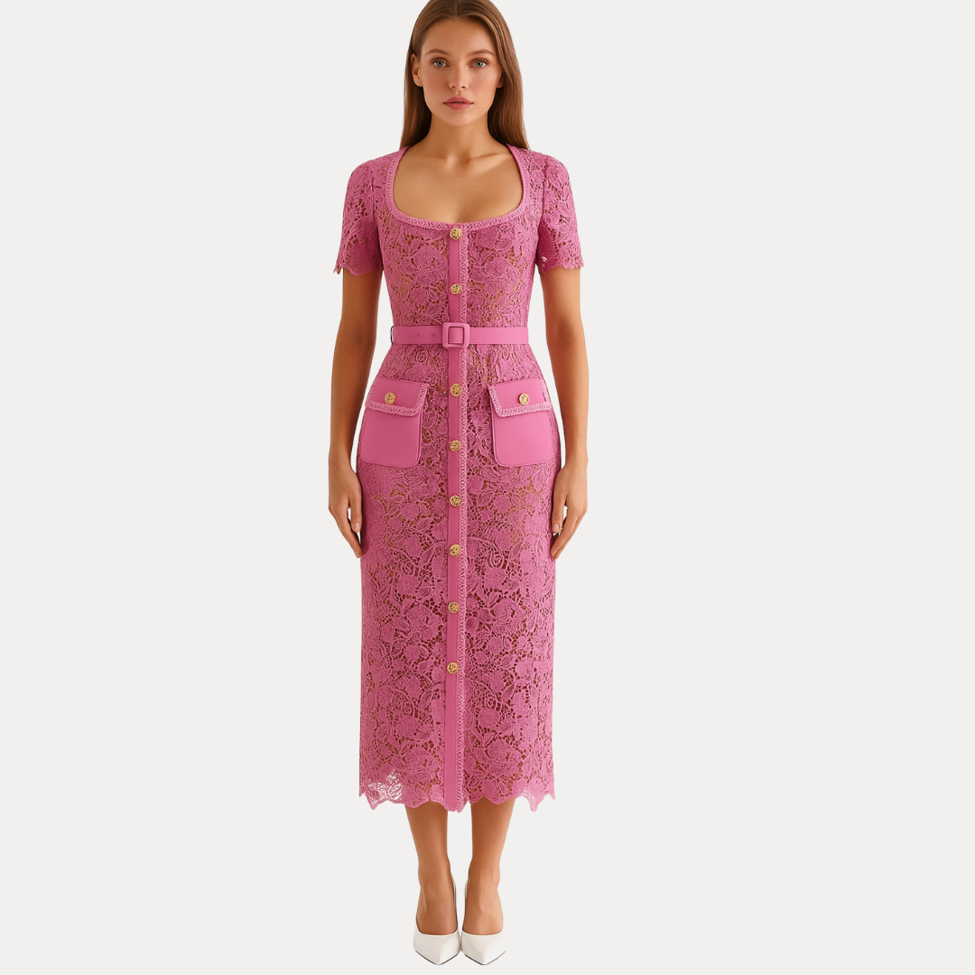 Sabina | Abito Midi in Pizzo con Bottoni