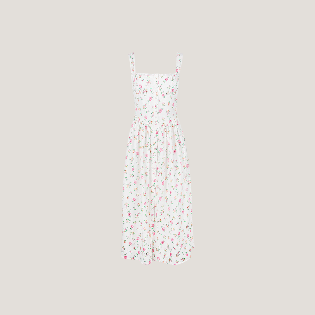 Paola | Abito Midi a Fiori con Corpetto Strutturato
