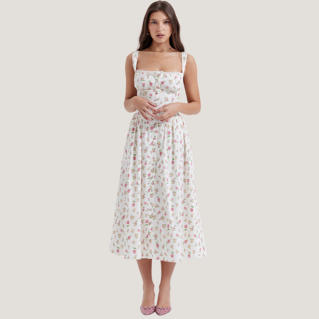 Paola | Abito Midi a Fiori con Corpetto Strutturato