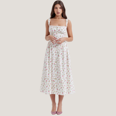 Paola | Abito Midi a Fiori con Corpetto Strutturato