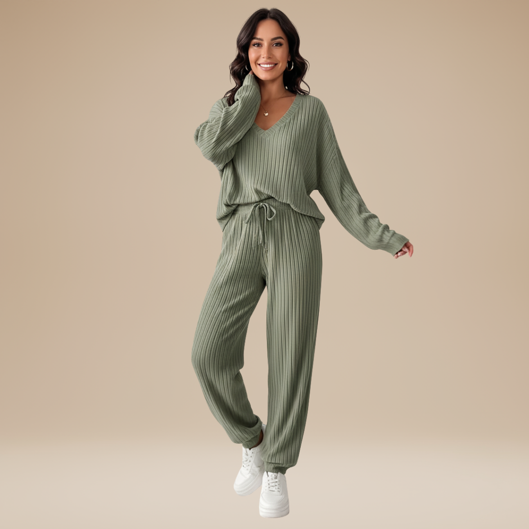 Milea | Completo Donna a Costine con Maglia a V e Pantaloni