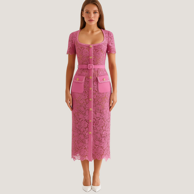 Sabina | Abito Midi in Pizzo con Bottoni
