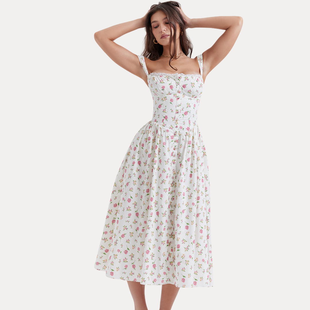 Paola | Abito Midi a Fiori con Corpetto Strutturato