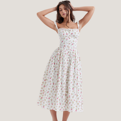 Paola | Abito Midi a Fiori con Corpetto Strutturato