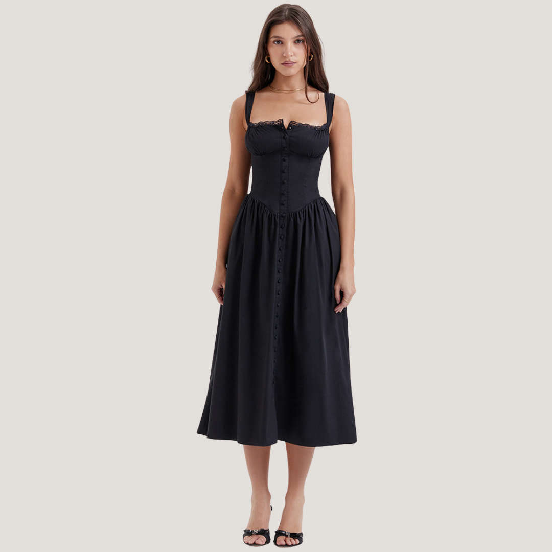 Paola | Abito Midi a Fiori con Corpetto Strutturato