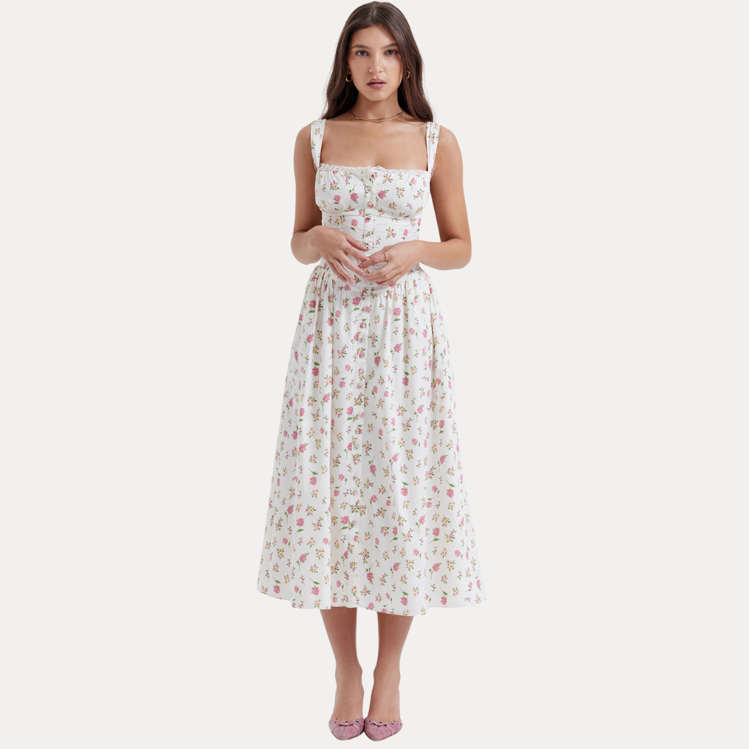 Paola | Abito Midi a Fiori con Corpetto Strutturato