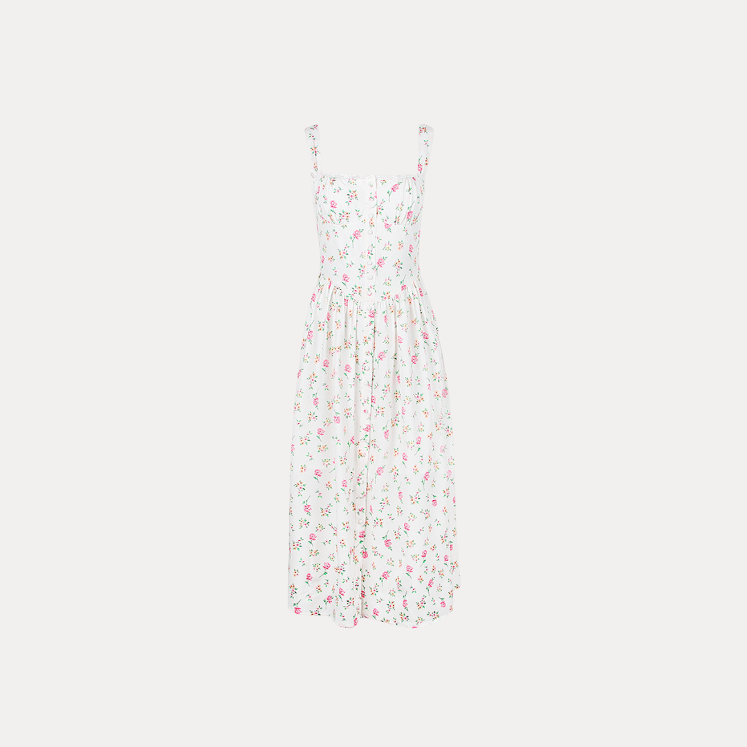 Paola | Abito Midi a Fiori con Corpetto Strutturato