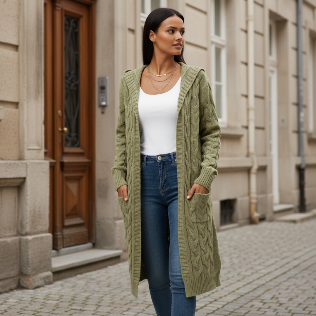 Cardigan Donna Lungo in Maglia con Cappuccio